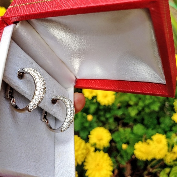 Pair of platinum and diamond hoop earrings. - Picture 8 of 8